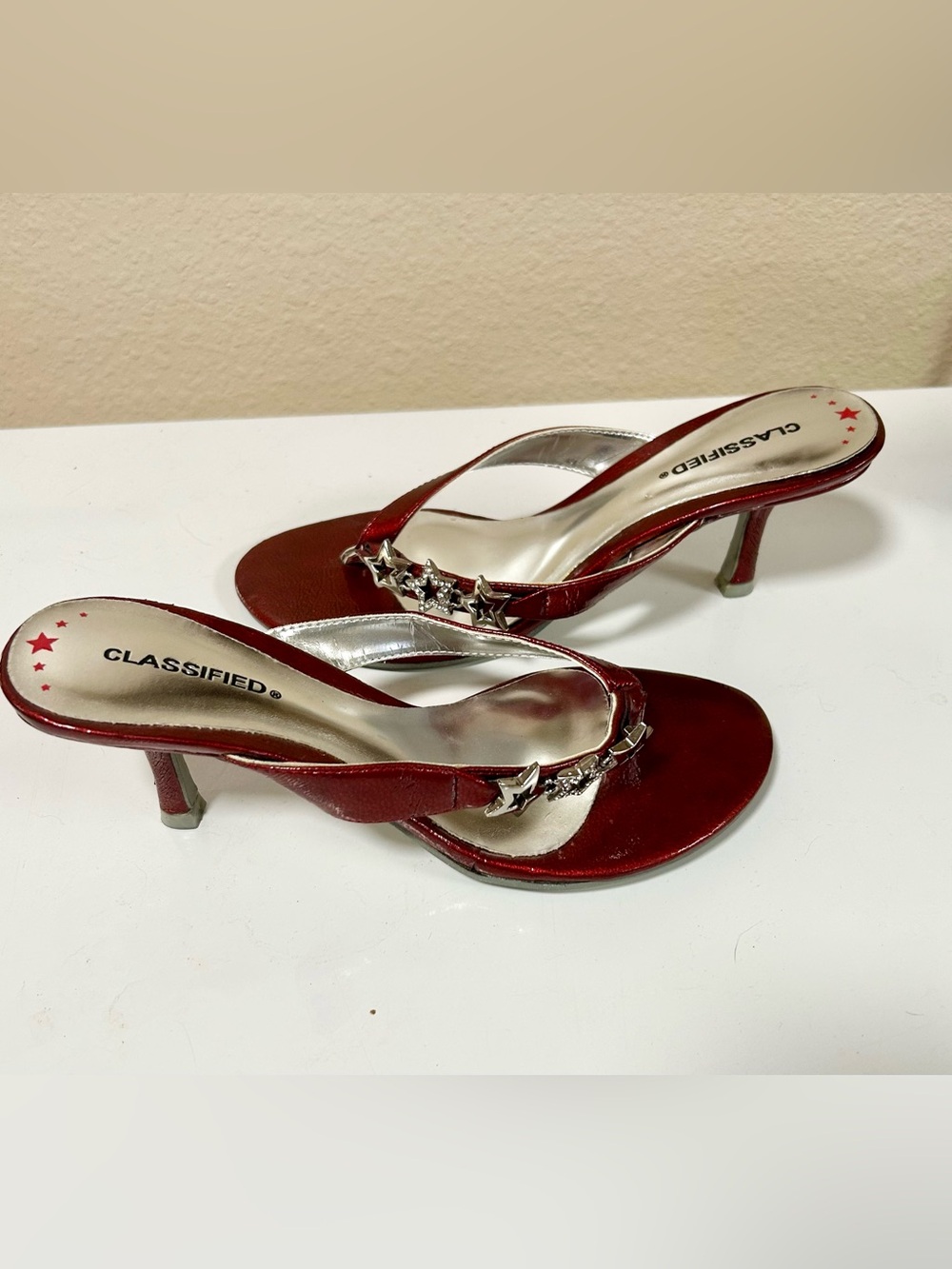 Classified Red Metallic-Insole Strappy Heels